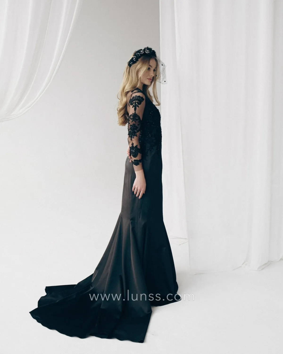 Gothic style black beaded lace and satin mermaid prom dress