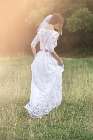 beautiful illusion lace half sleeve boho wedding dress
