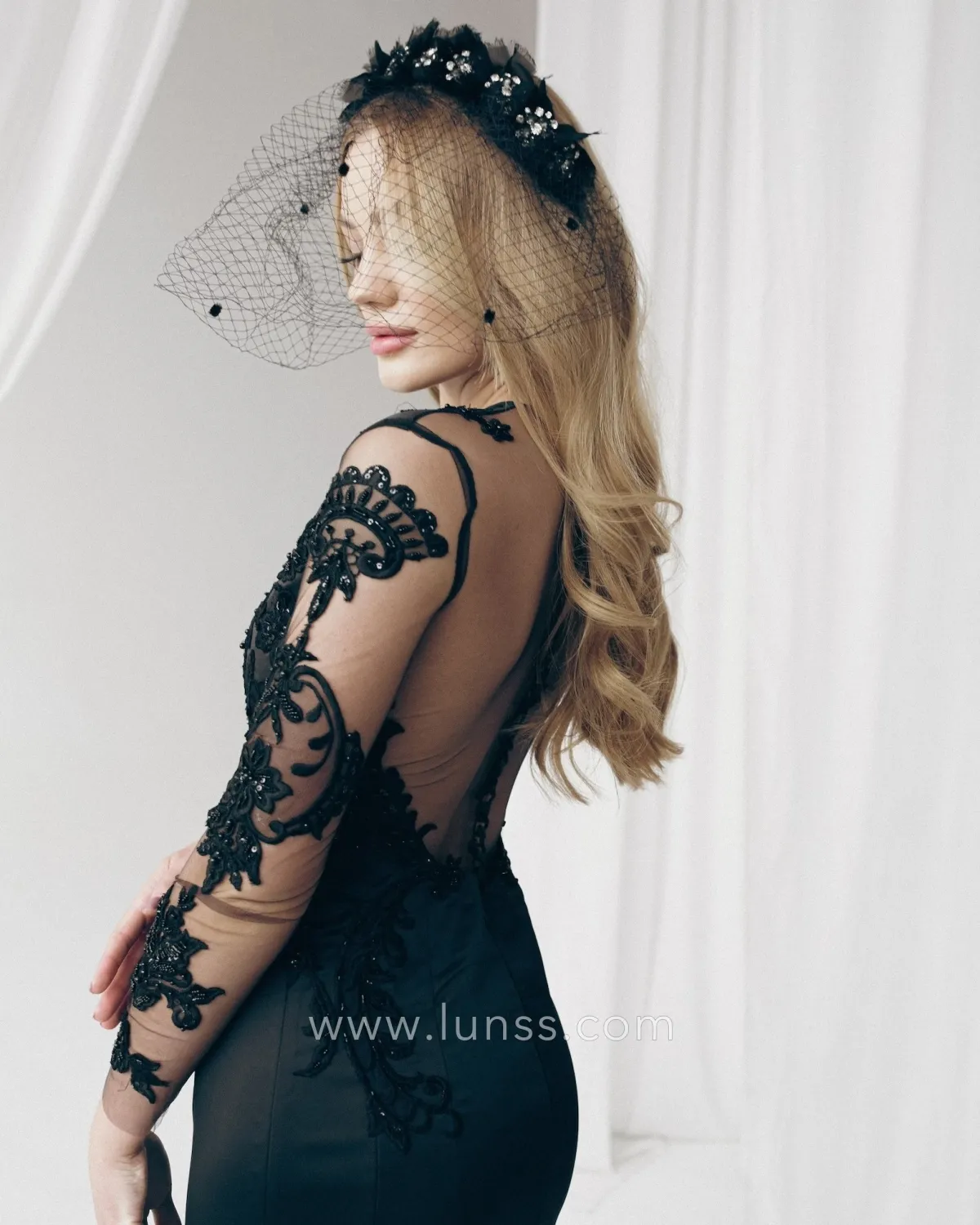 black beaded illusion sleeve open back formal dress