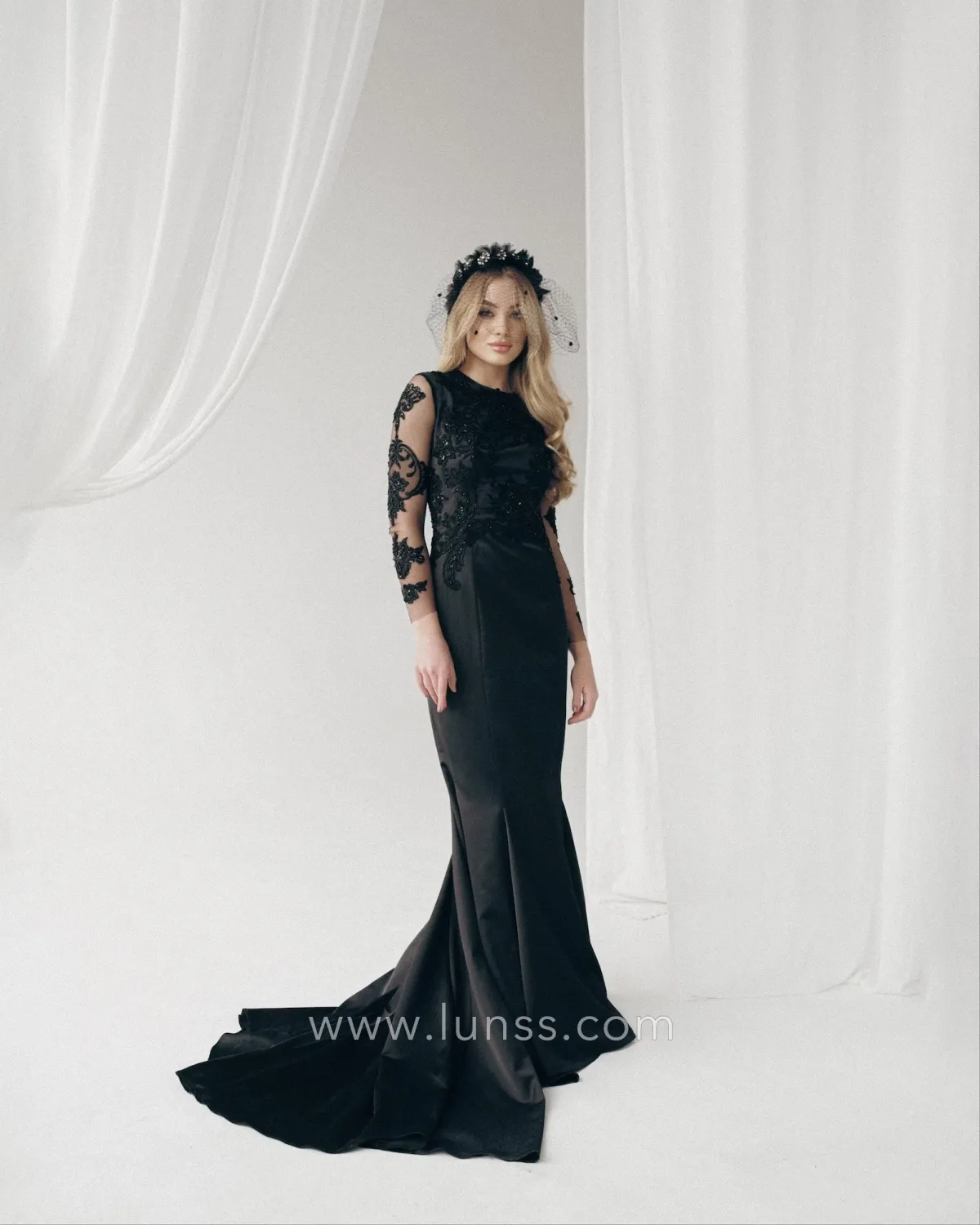 black beaded lace and satin mermaid dress