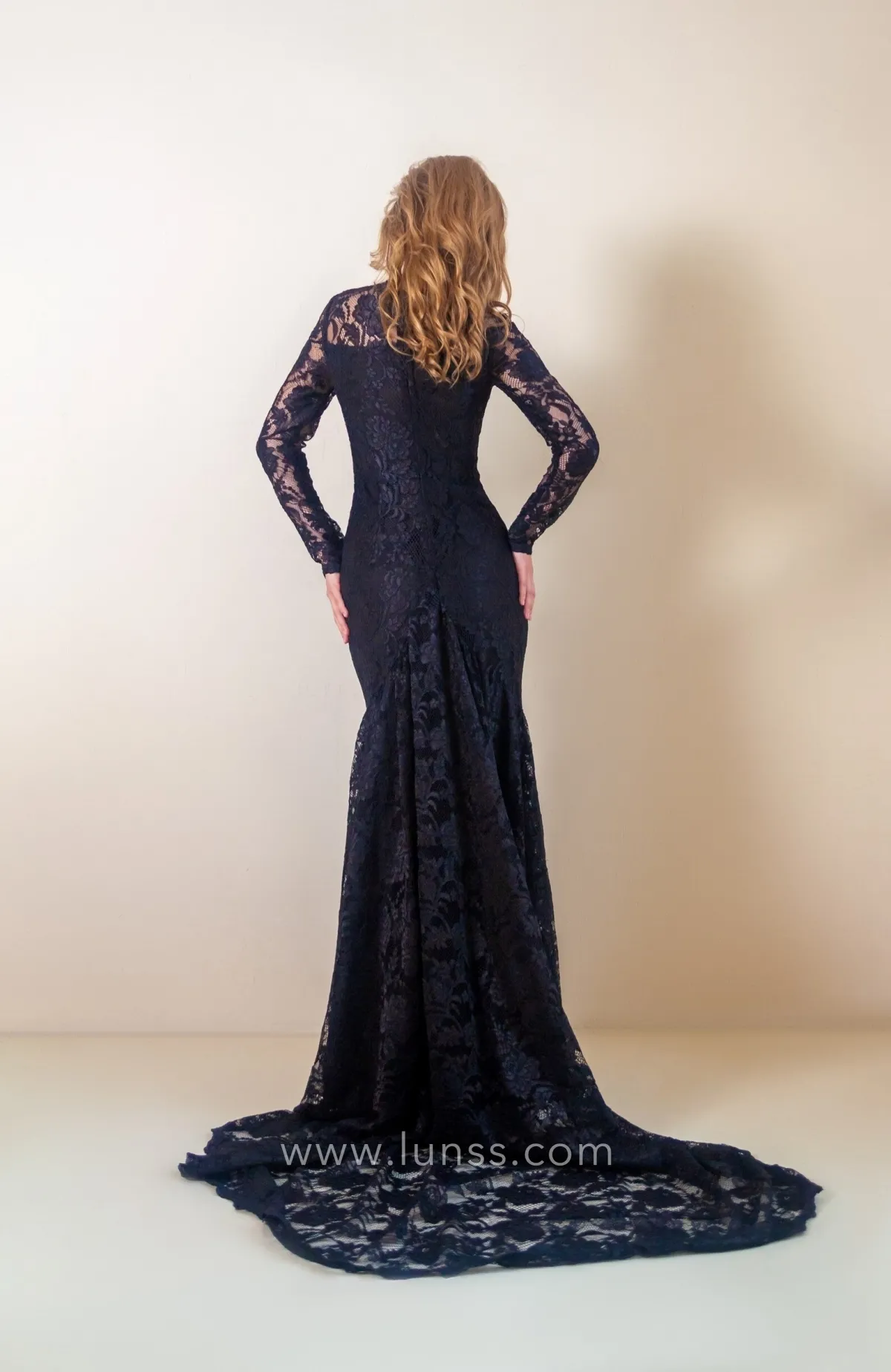 black lace anniversary Goth formal dress with a dramatic train