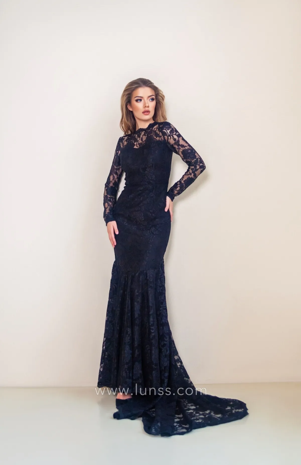black lace long sleeve mermaid dress