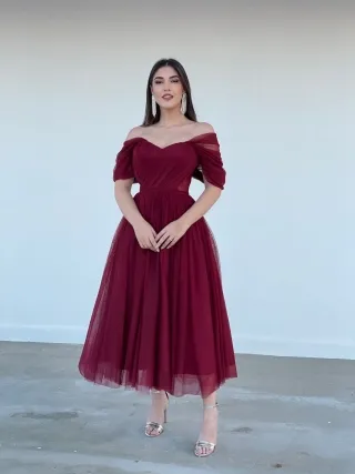 claret red tulle tea length corset engagement dress