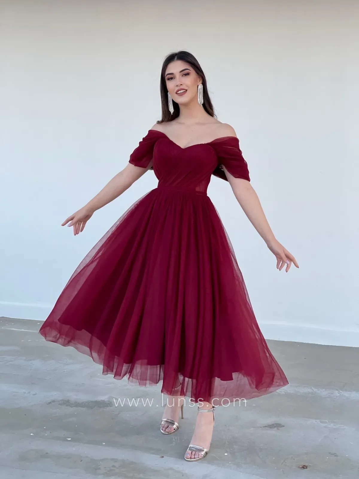claret tulle corset tea length graduation dress