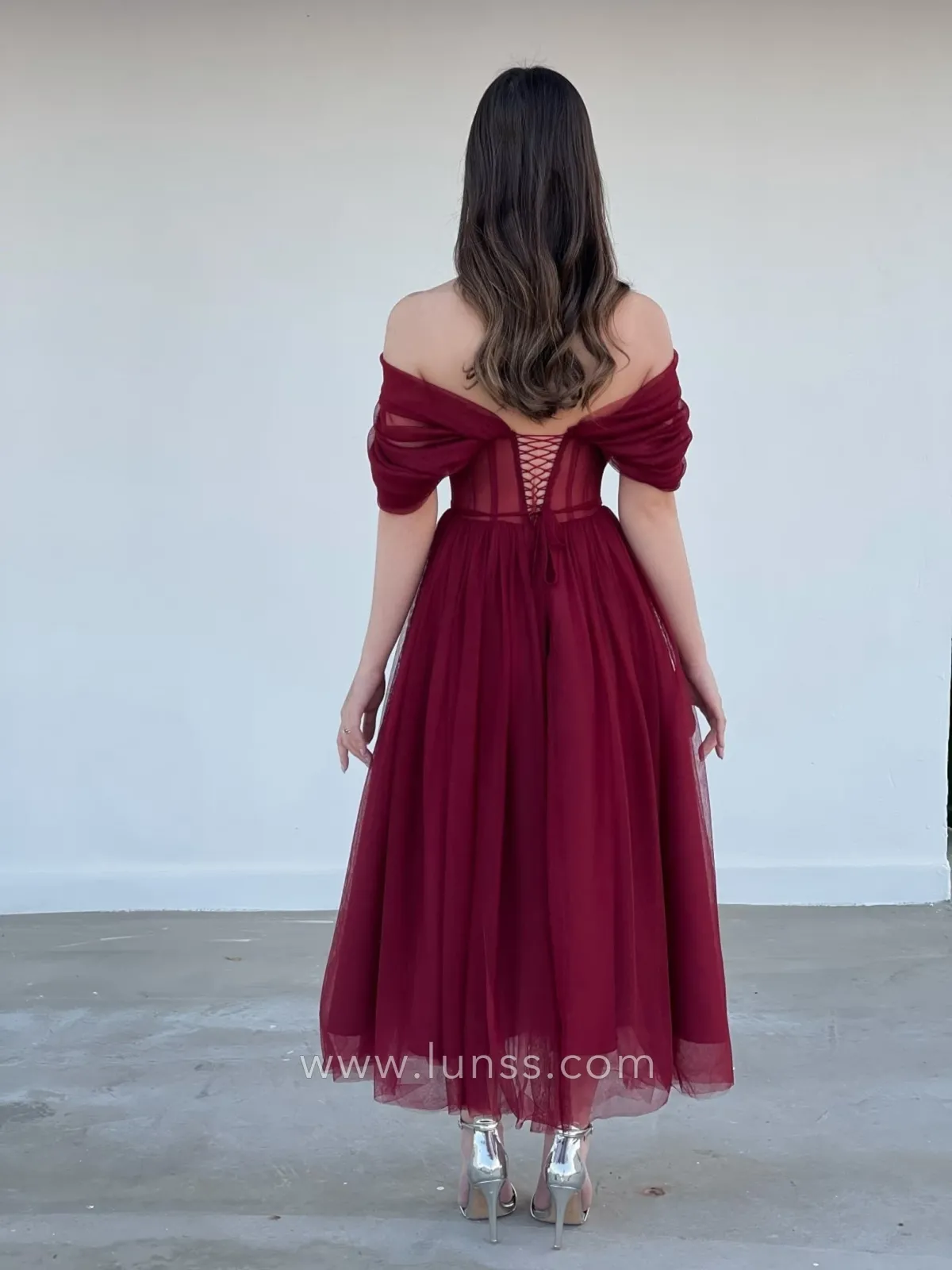 claret tulle corset tea length photoshoot dress
