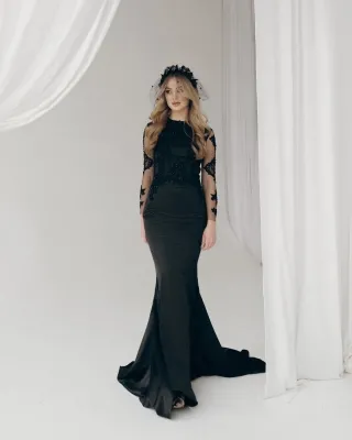elegant black beaded lace and satin mermaid formal dress