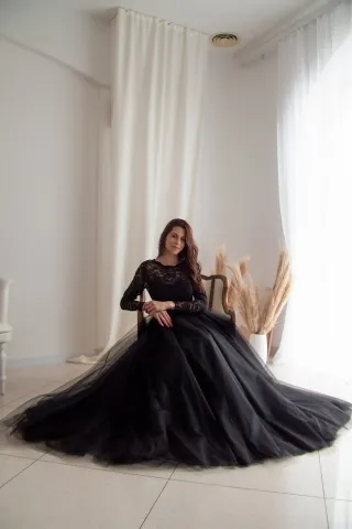 elegant black lace and tulle long sleeve formal dress