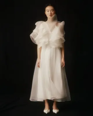 fancy ruffled ivory organza ankle length bridal dress