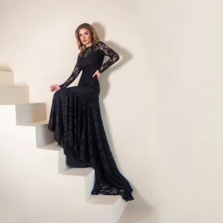 illusion black lace long sleeve mermaid formal dress