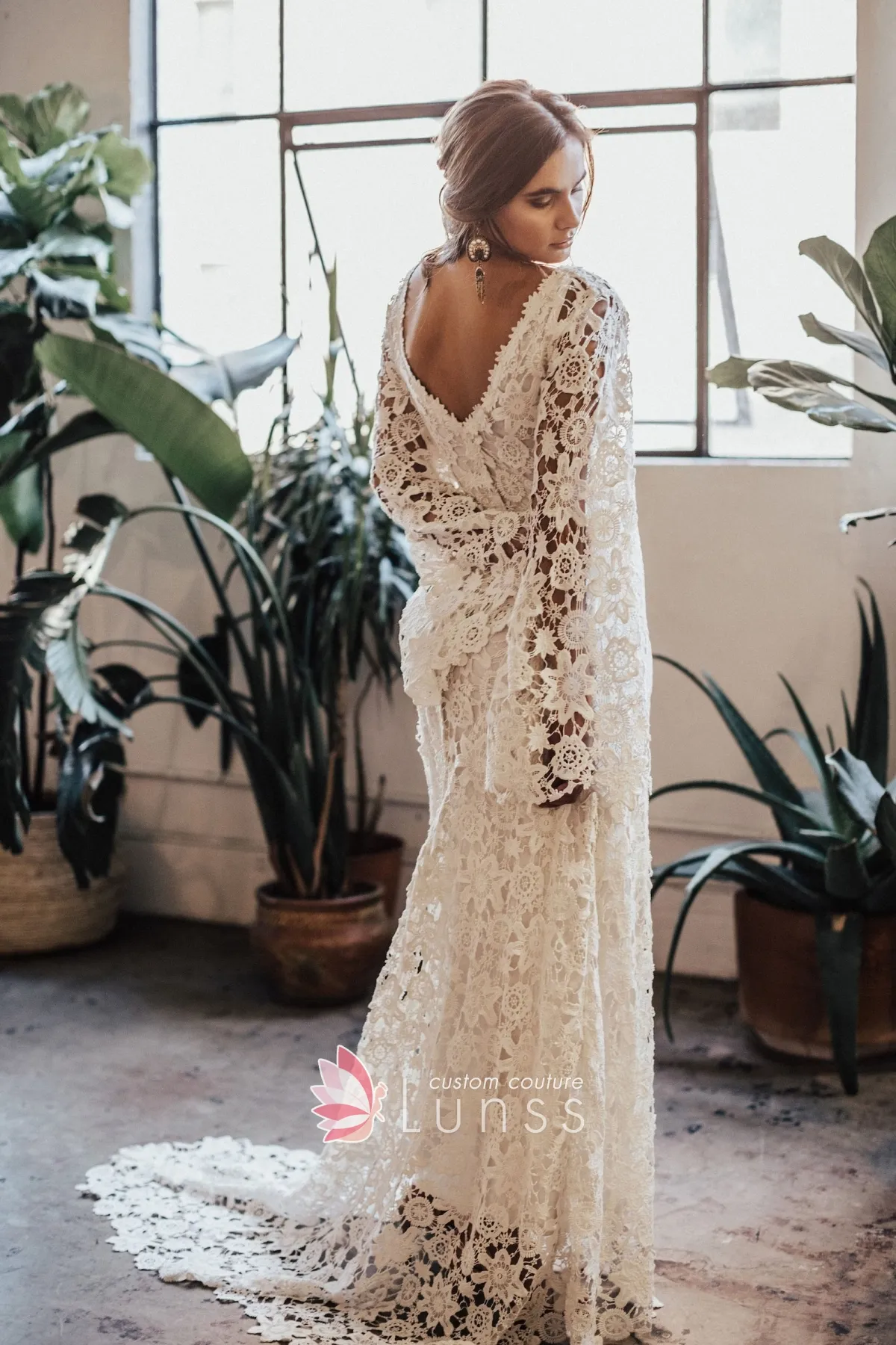 ivory lace mermaid winter boho wedding dress with bell sleeves