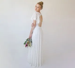 ivory lace short flutter sleeve open back bridal dress