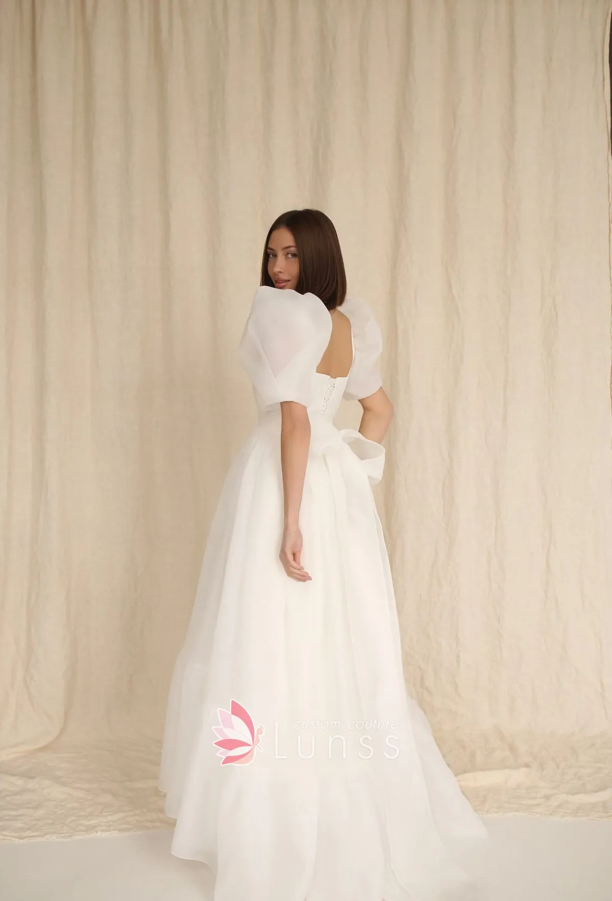 ivory organza second wedding dress with puff sleeves