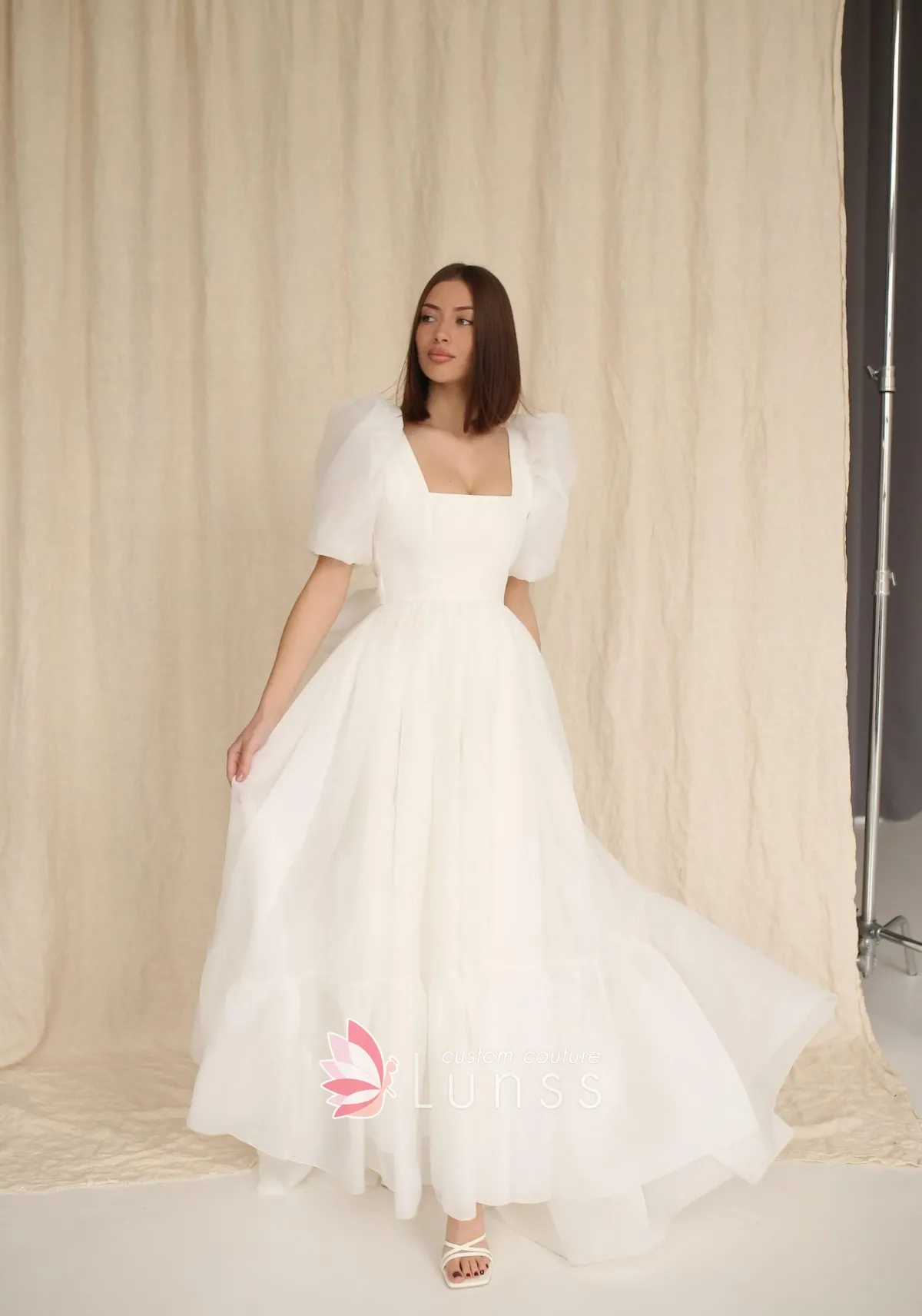 ivory organza square neck long photoshoot dress
