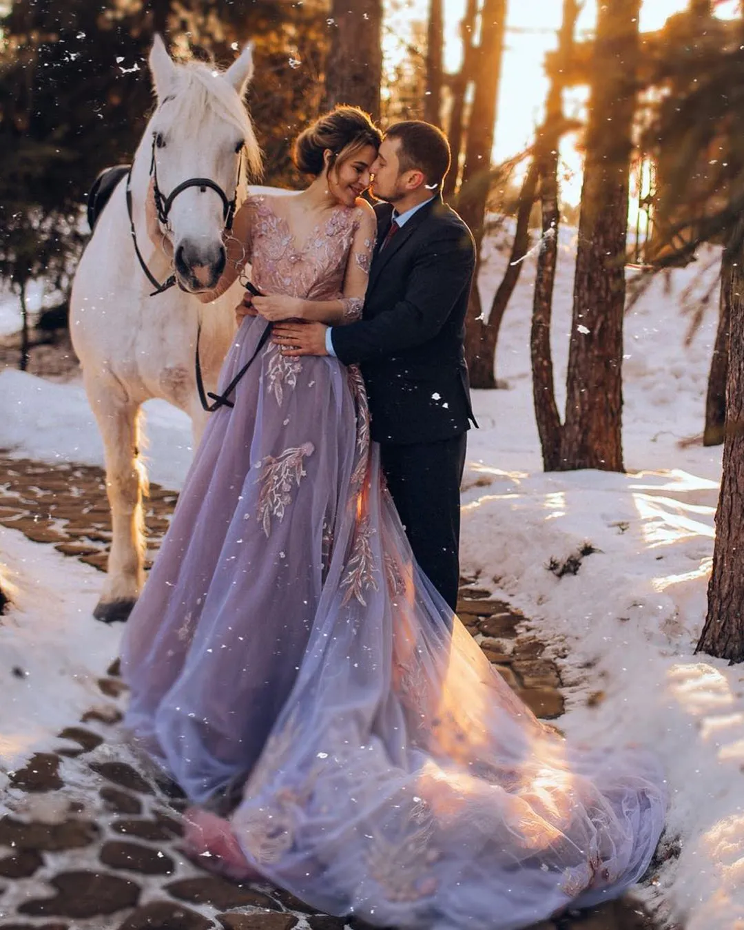 lilac lace and tulle illusion neckline winter wedding dresses