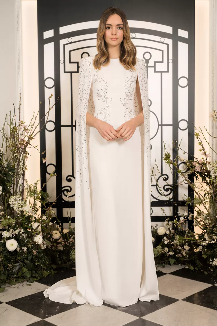modern satin sheath wedding dress with embellished cape