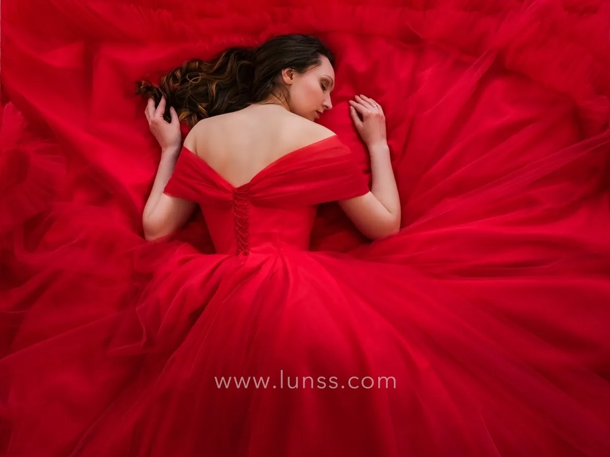multi layered red tulle ball gown wedding dress