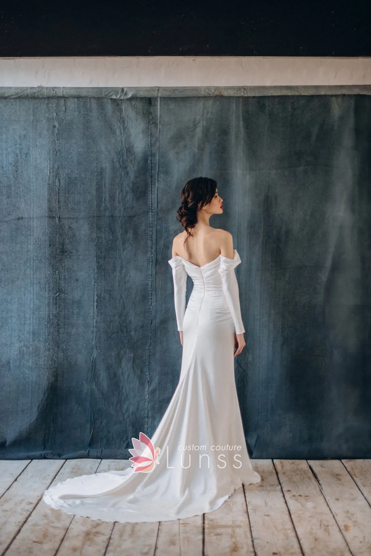 off shoulder long sleeve ivory satin bridal reception dress off shoulder long sleeve ivory satin bridal reception dress