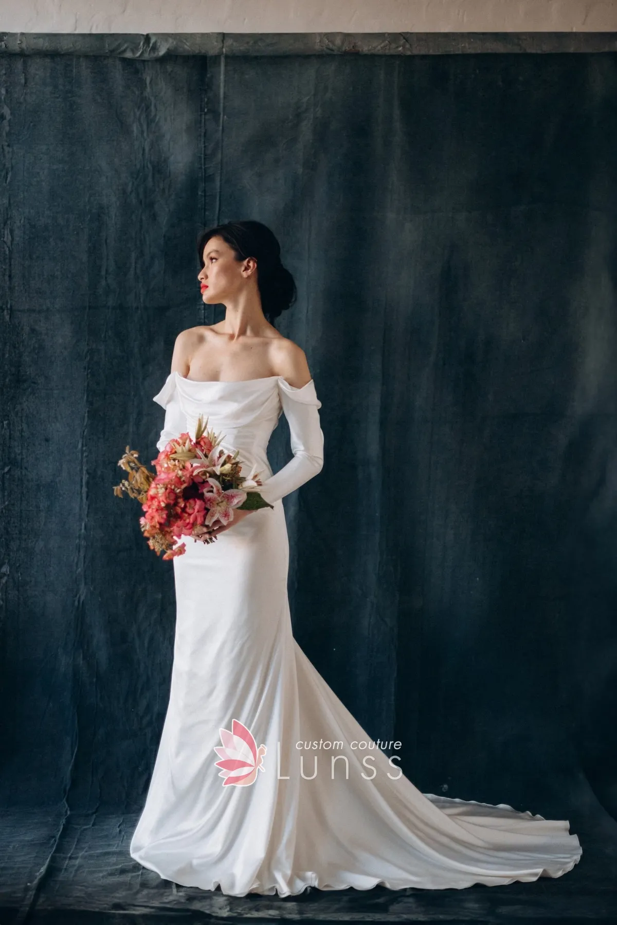 off the shoulder long sleeve ivory satin bridal dress off the shoulder long sleeve ivory satin bridal dress