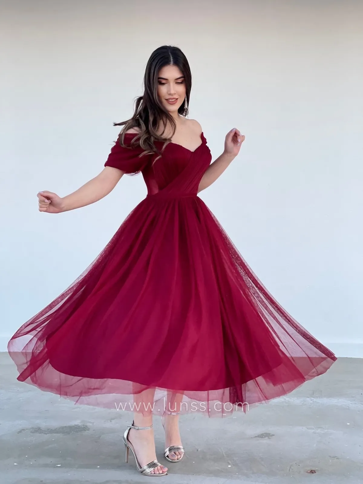 off the shoulder tea length claret tulle cocktail dress