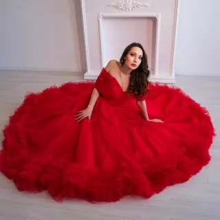red tulle off the shoulder ball gown photoshoot dress