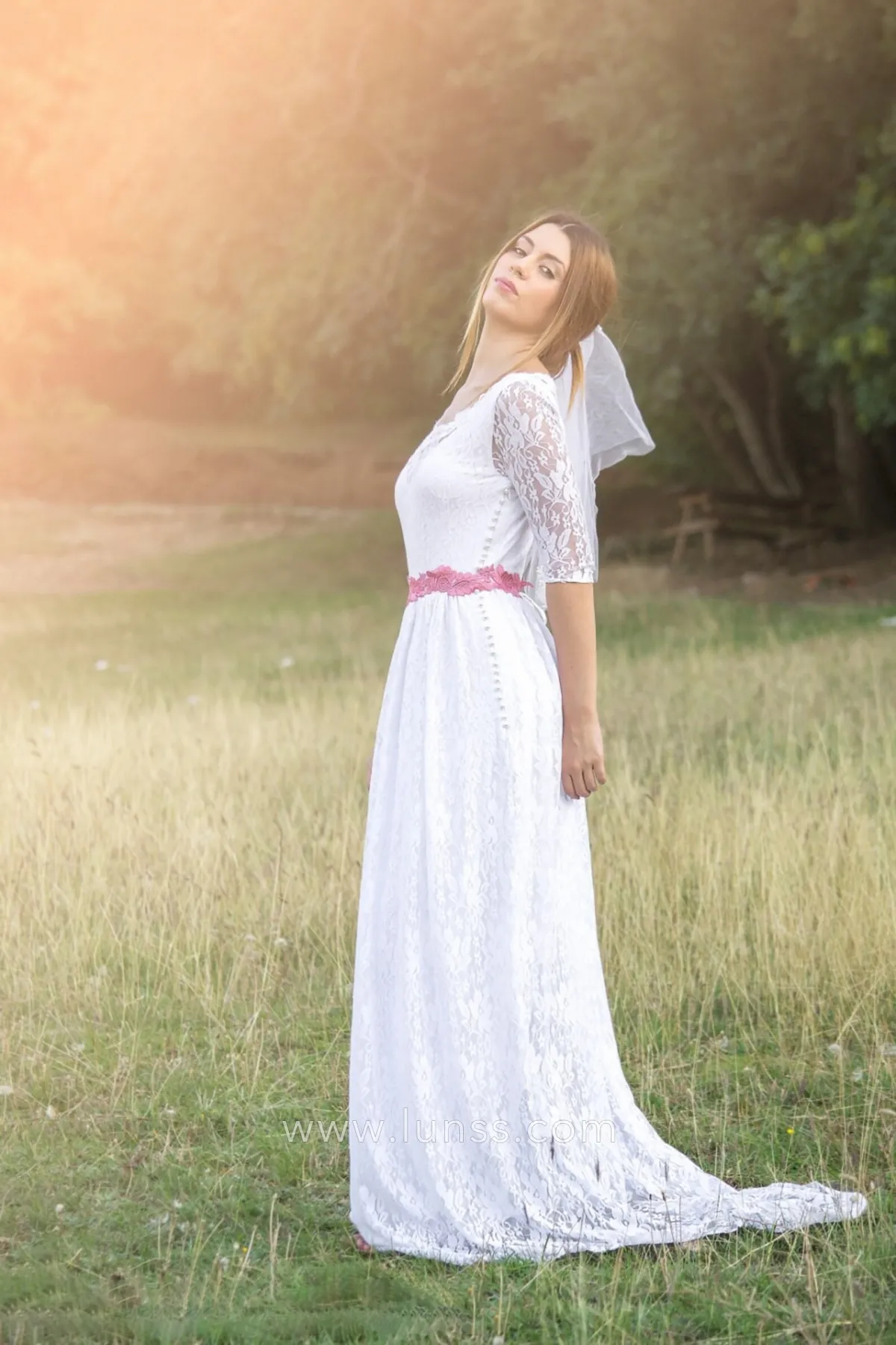 romantic white lace spring outdoor bridal dress