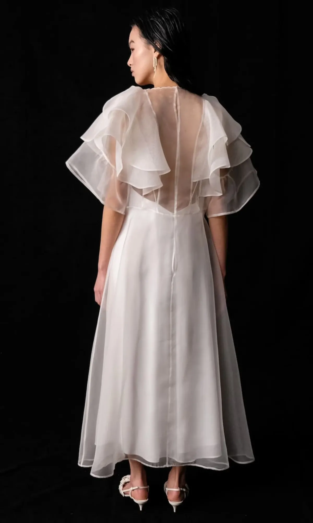 ruffled organza ankle length bridal gown