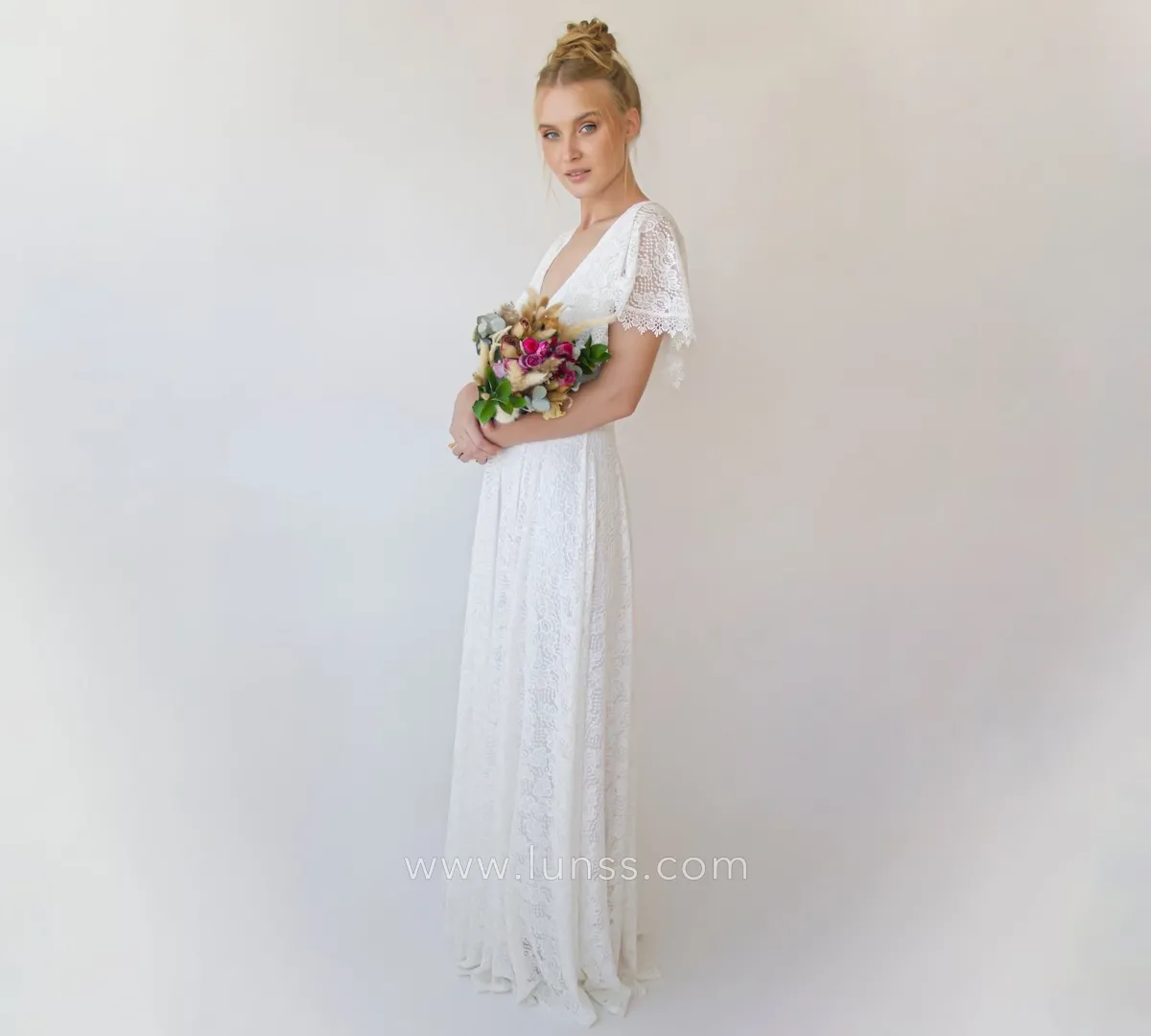 short flutter sleeve lace boho wedding dress