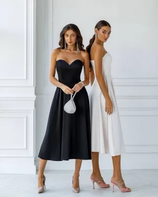 simple sleek satin strapless tea length party dress