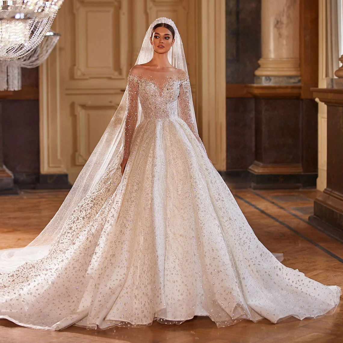 sparkly beaded wedding ball gown with long train