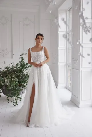 square neck beaded lace and tulle slit wedding dress