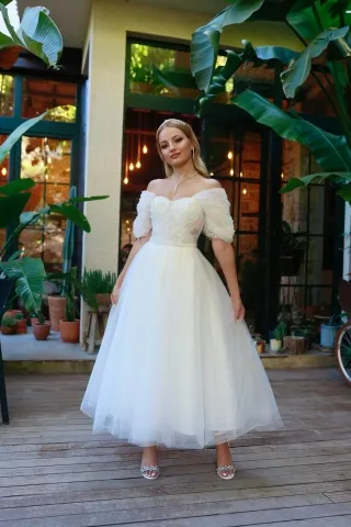 white pearly tulle off shoulder ankle length bridal dress