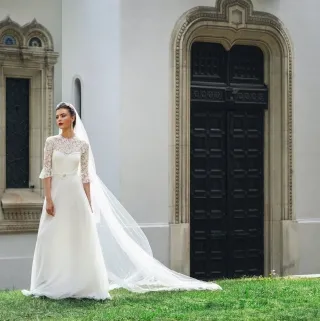 bell half sleeve lace and chiffon modest wedding dress