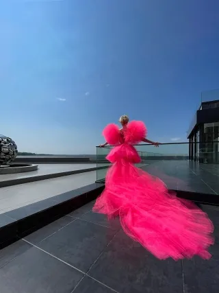 fluffy ruffled hot pink tulle short dress with long train