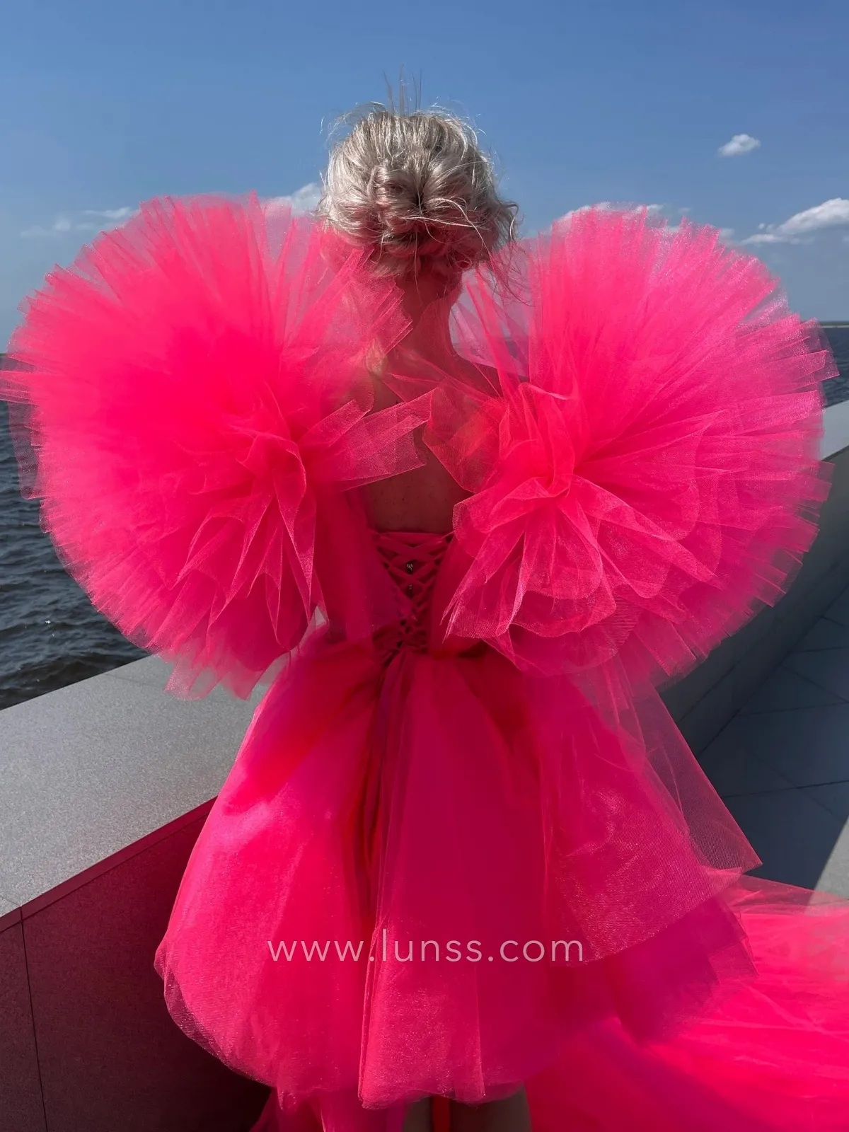 fluffy sleeve hot pink dress