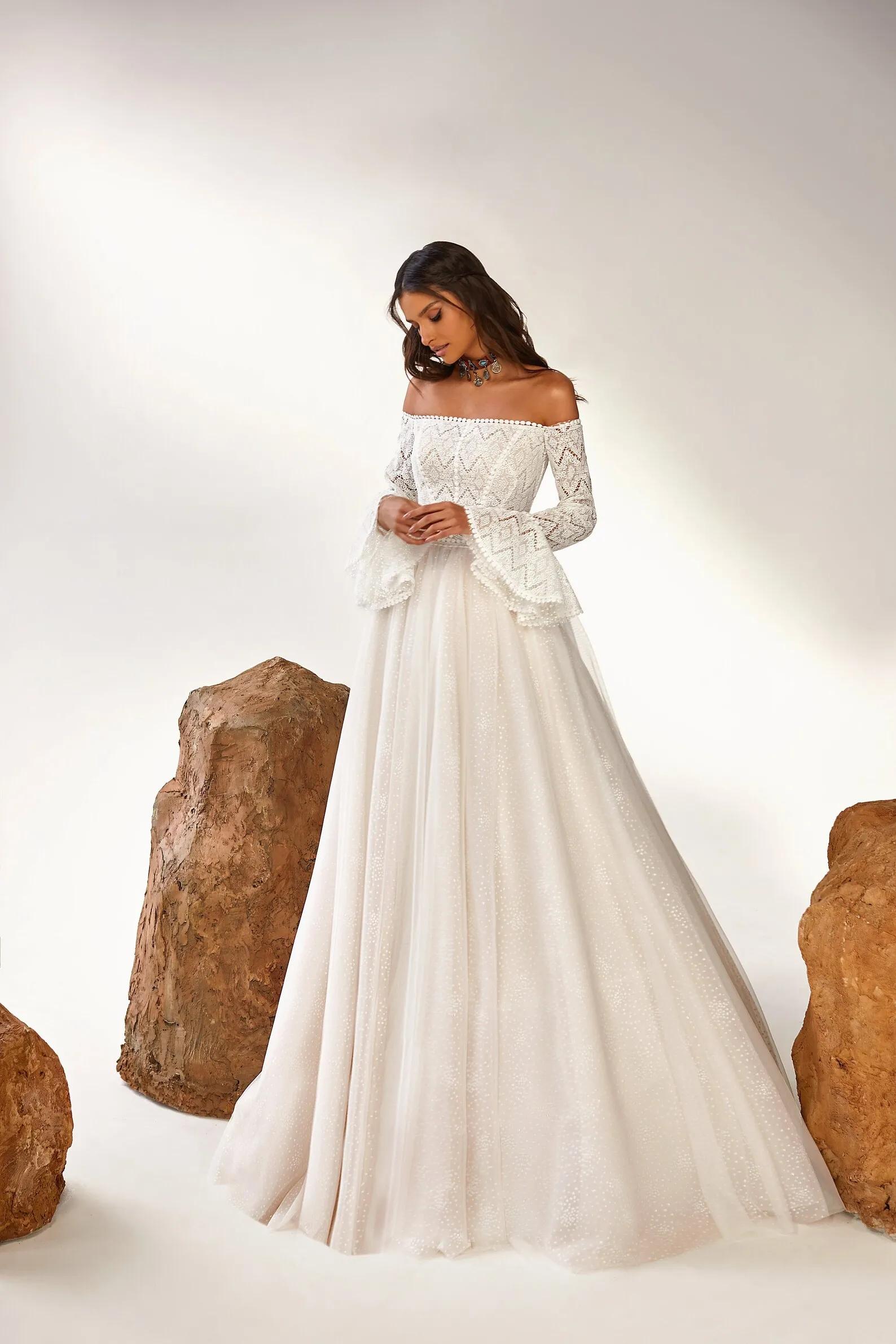 geometric lace and polka dot glitter tulle wedding dress