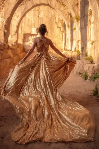 gold sequin fabric flying prom dress with a long train