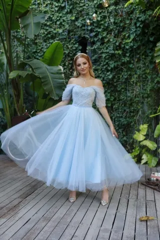 pearled sky blue tulle off shoulder ankle length dress
