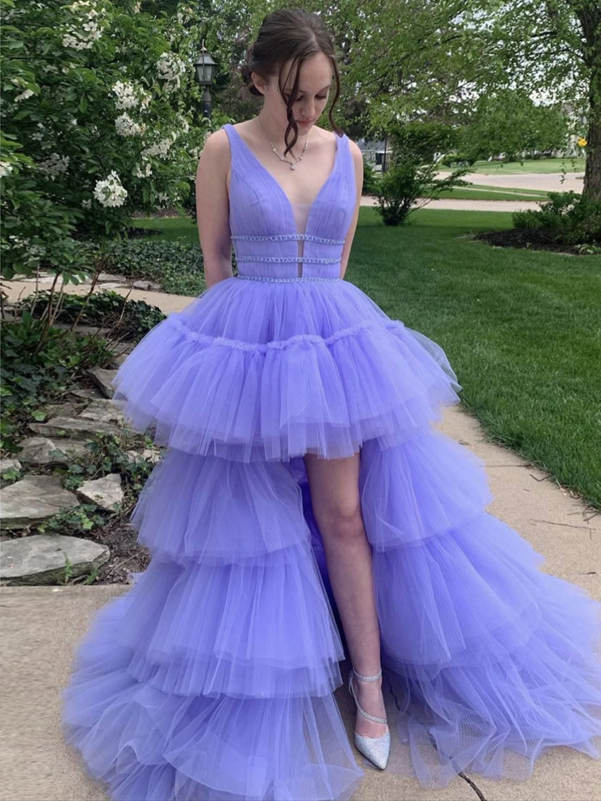 purple v neck high-low tiered tulle prom dress purple v neck high low tiered tulle prom dress