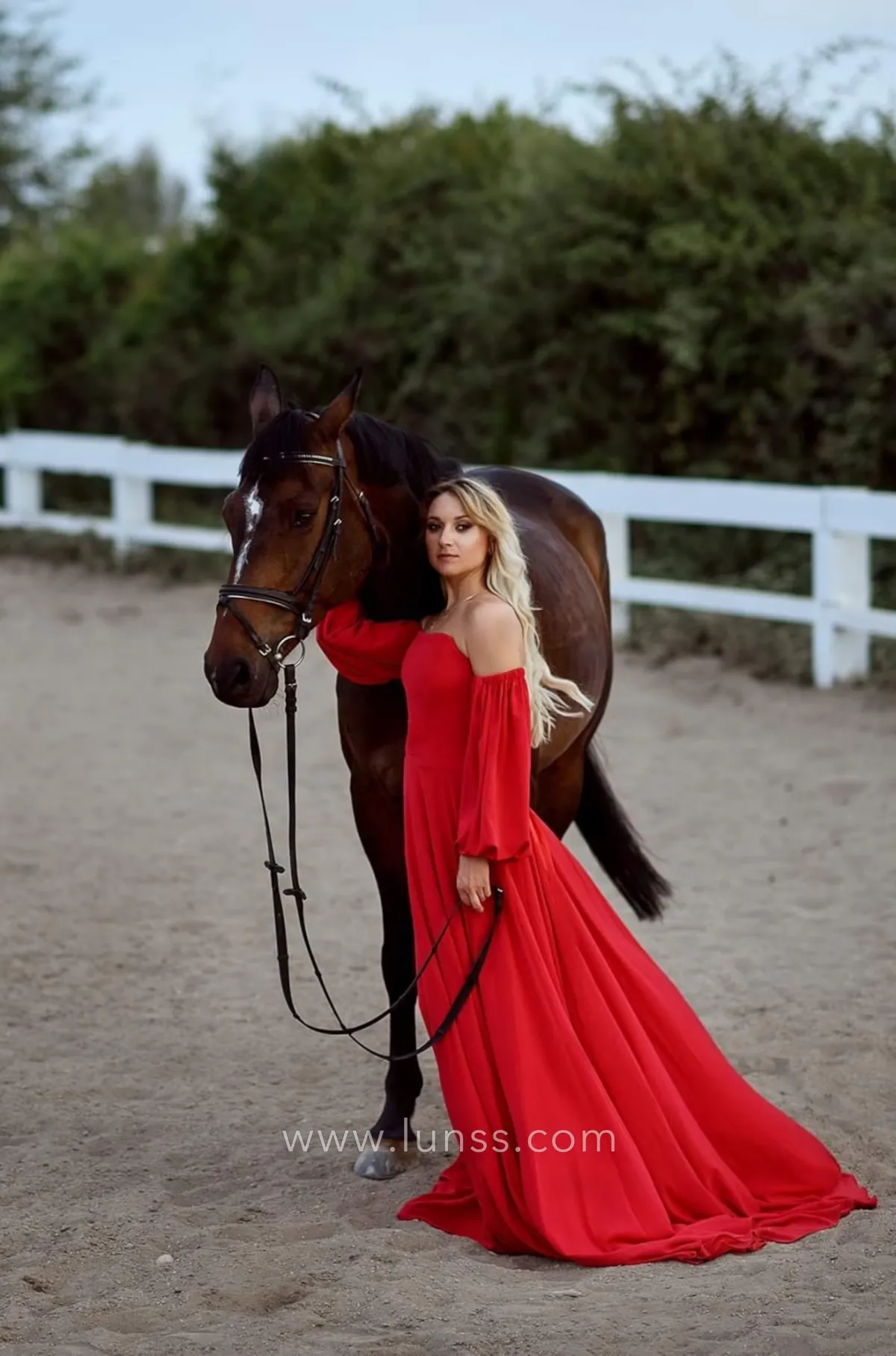 strapless red jersey floor length casual engagement photoshoot gown