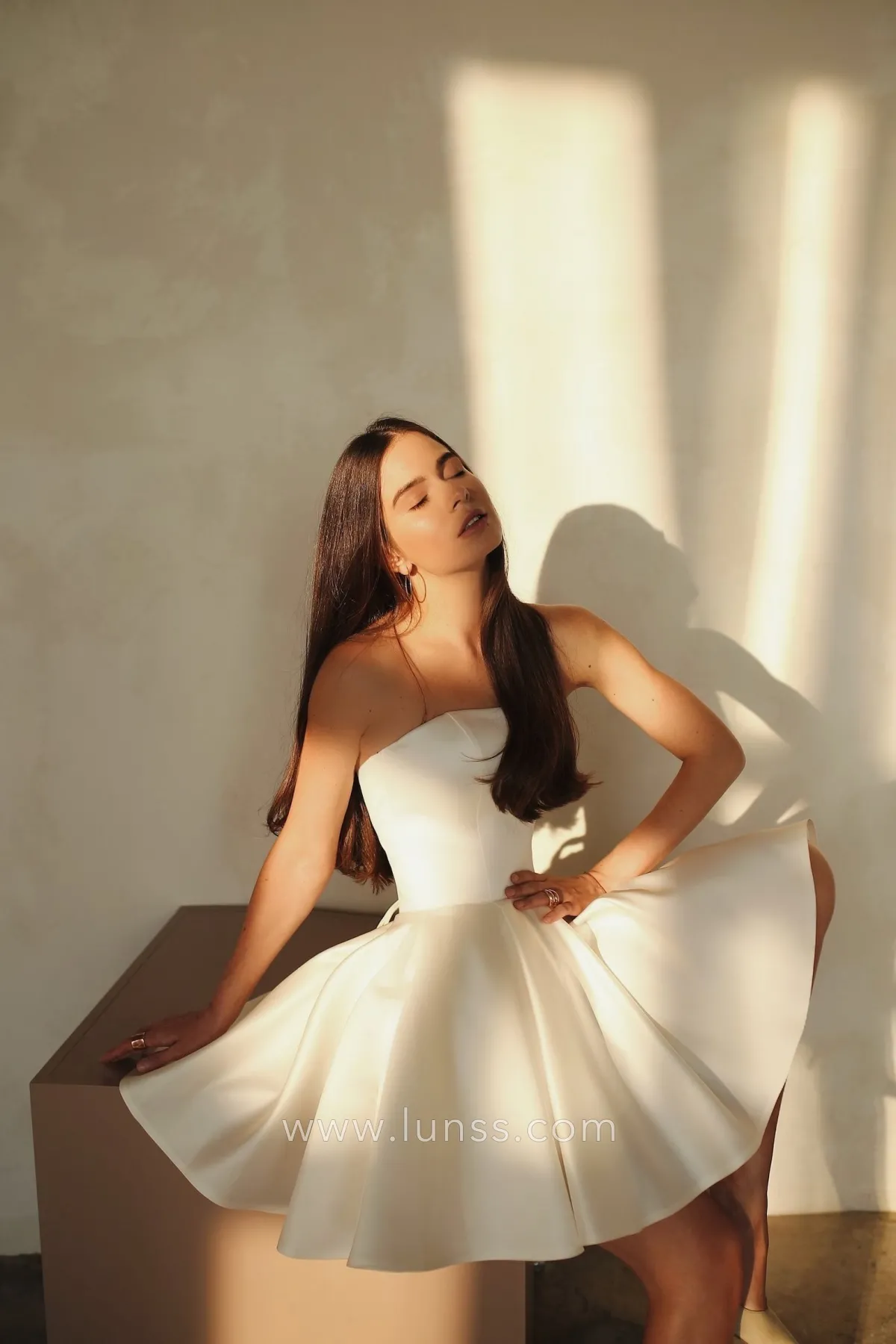 strapless satin mini wedding dress
