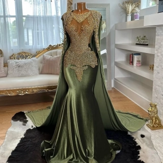 stunning gold beading olive green velvet prom dress