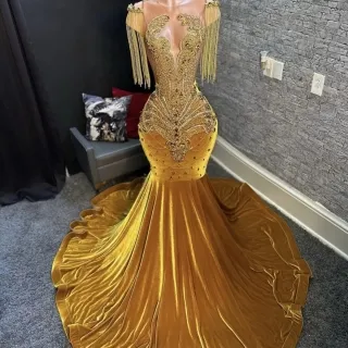 unique gold beading and velvet mermaid diamond prom dress