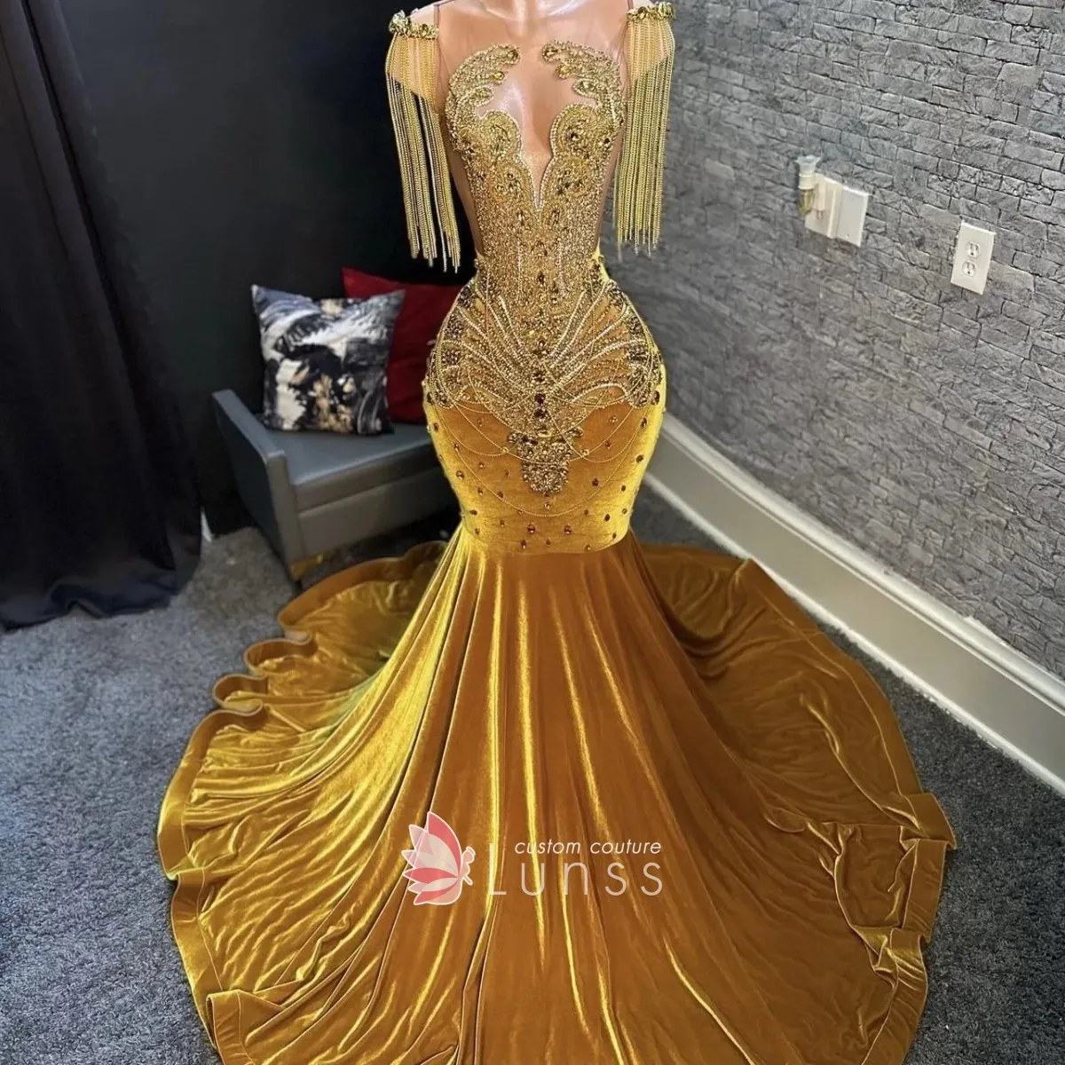 unique gold beading and velvet mermaid diamond prom dress unique gold beading and velvet mermaid diamond prom dress