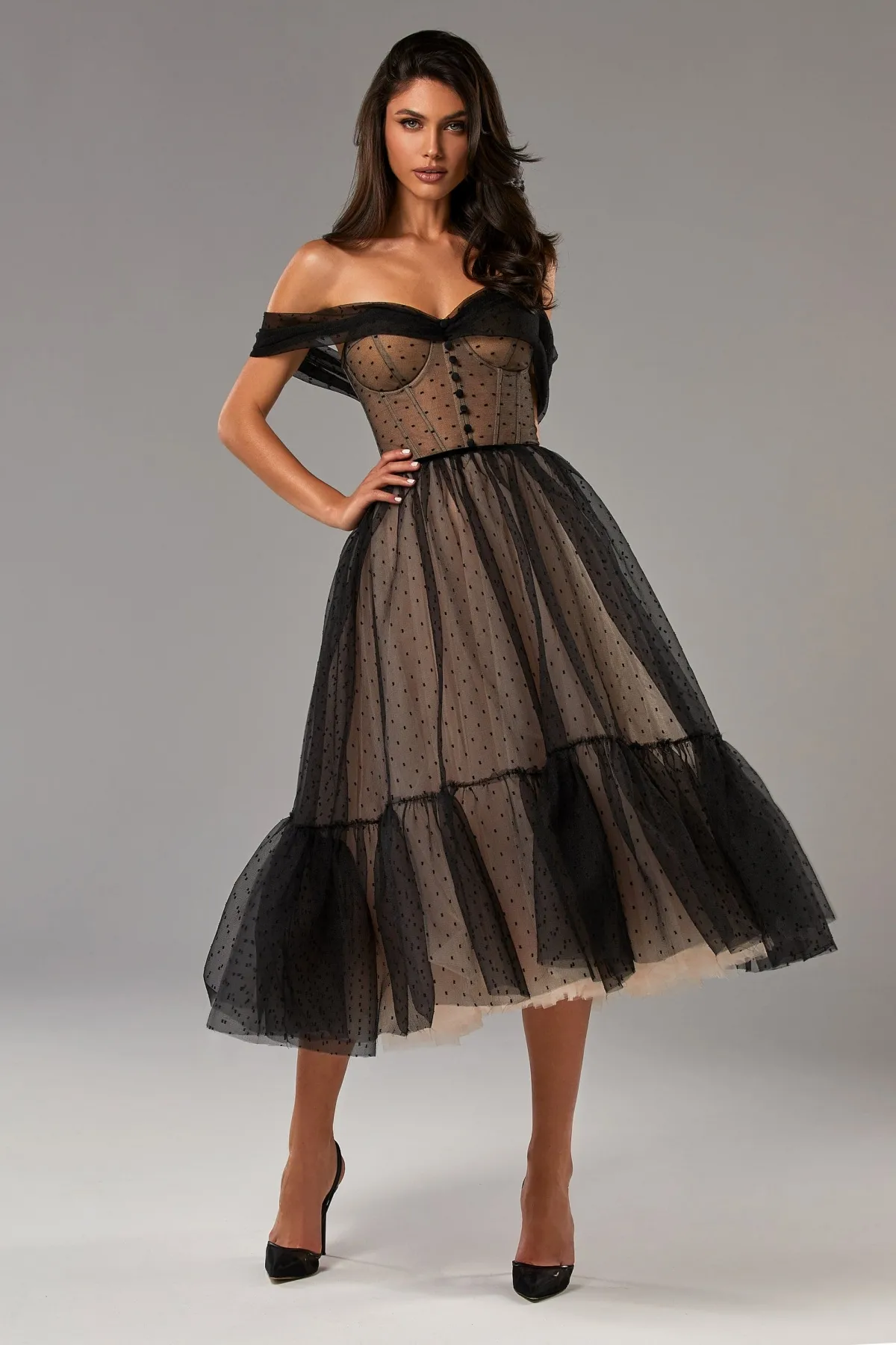 vintage off-the-shoulder black polka dot tulle midi prom gown vintage off the shoulder black polka dot tulle midi prom gown