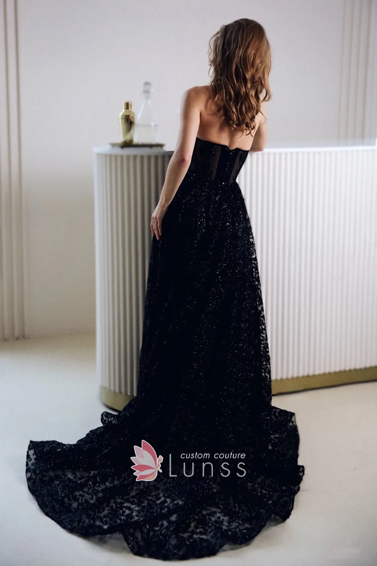 black glitter lace evening dress with a train