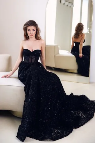 black glitter strapless corset bridal evening formal gown