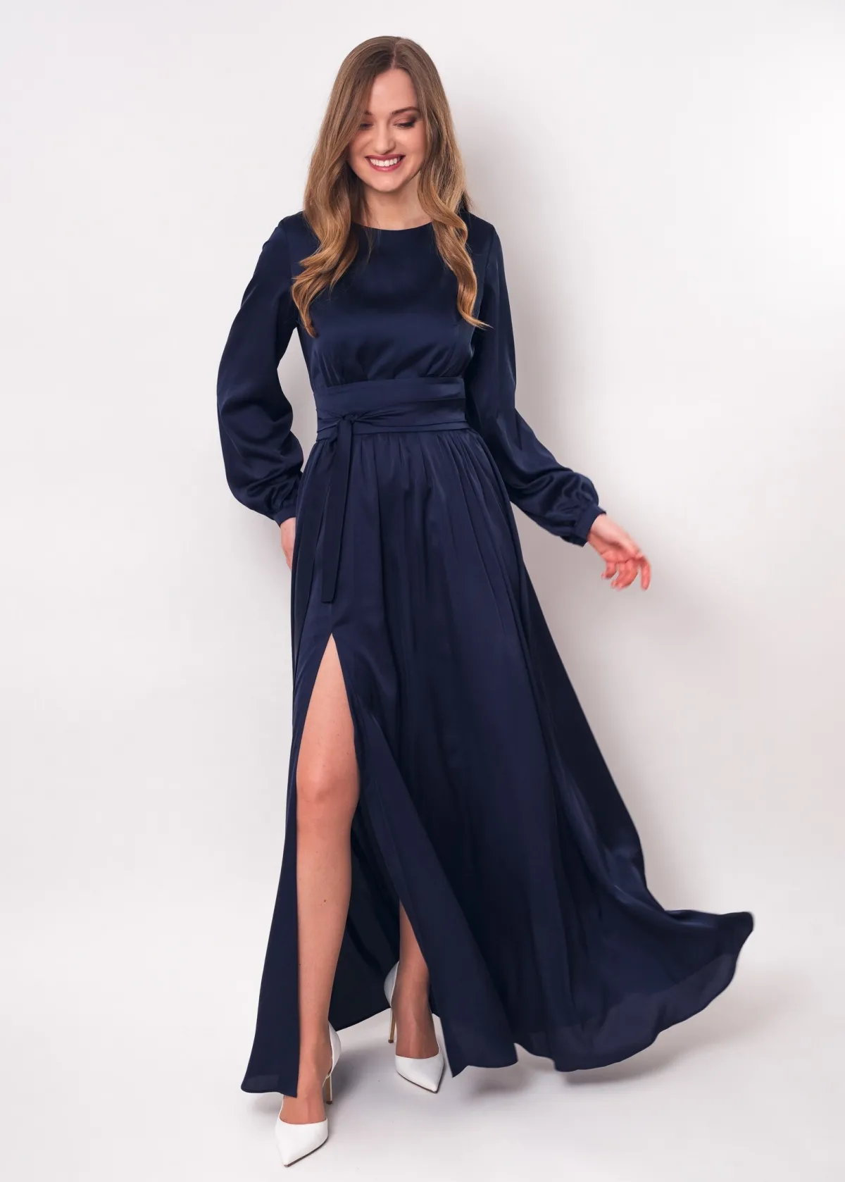 navy A line maxi bridesmaid evening dress with long sleeves navy A line maxi bridesmaid evening dress with long sleeves