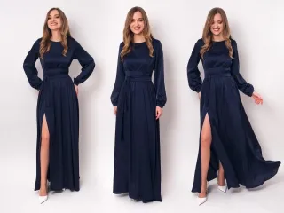 navy blue satin long sleeve a line maxi bridesmaid dress
