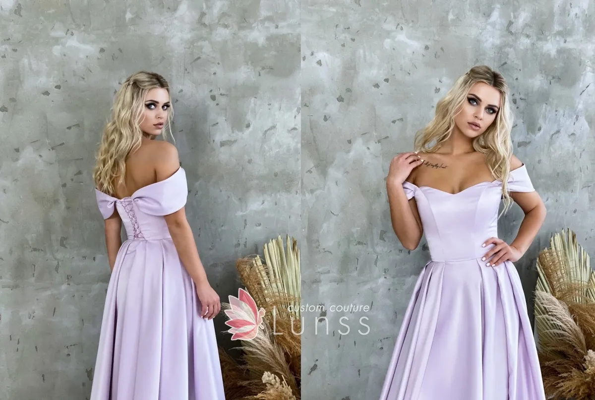 Elegant Blue Satin Sequins evening Dress Off The Shoulder Formal Slit Prom Dress Y8531 main image 0