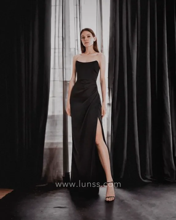 strapless chocolate satin split simple evening dress
